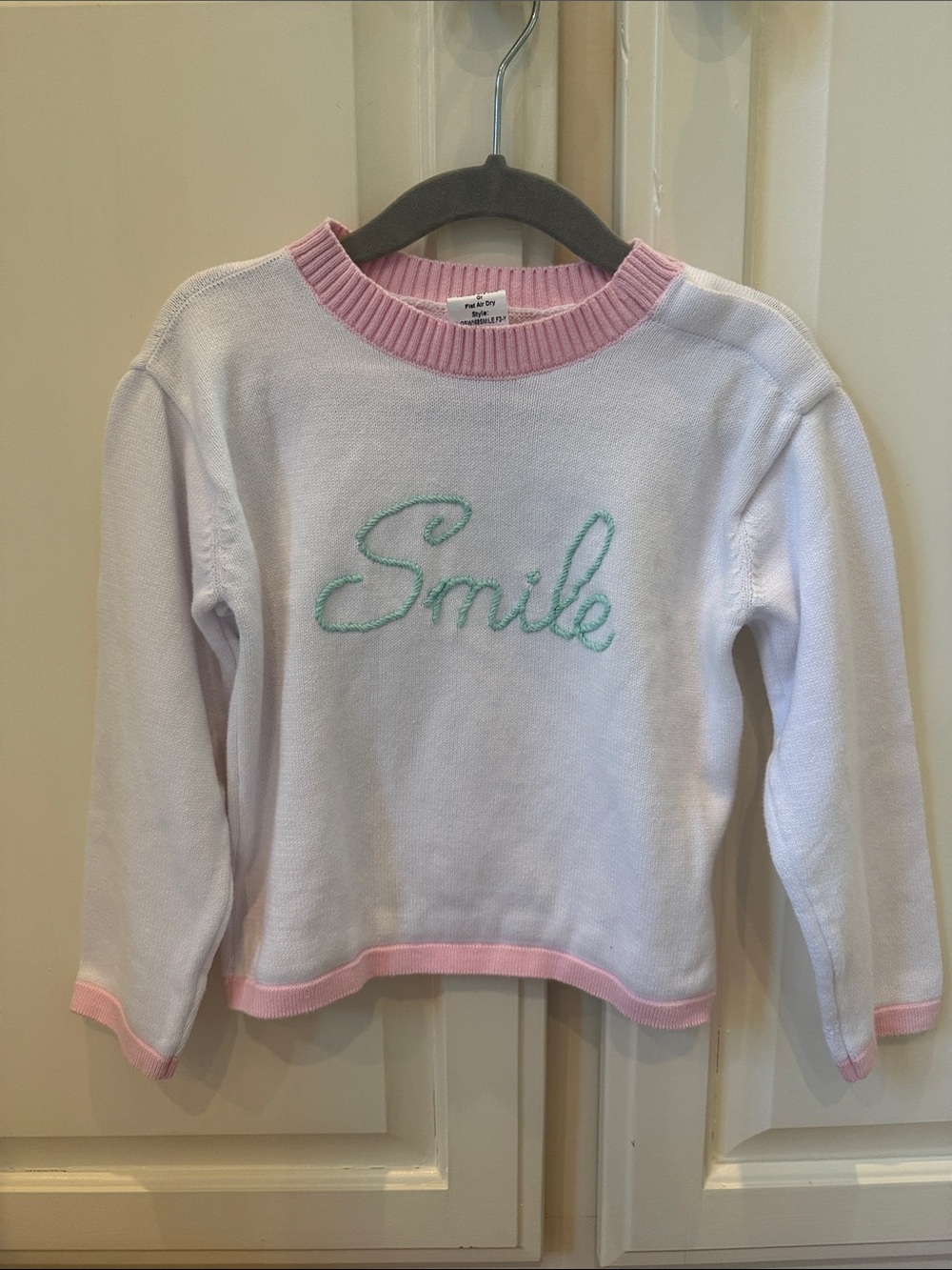 Girls' White Knit Sweater with Pink Trim and Mint 'Smile' Embroidery